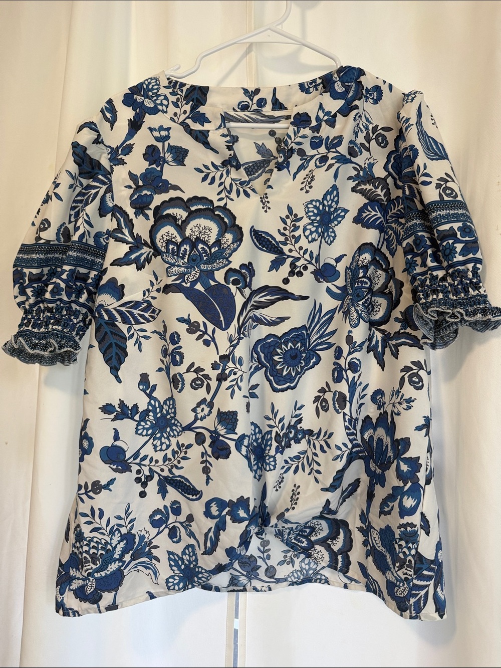 Blue Floral Puff Sleeve Blouse